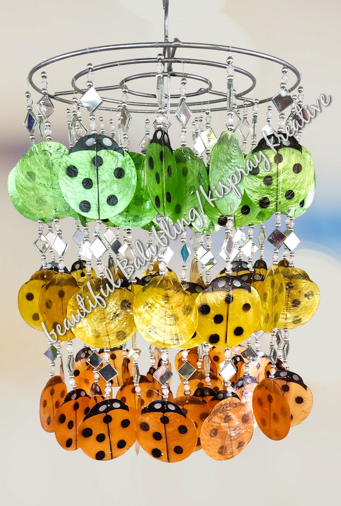 Capiz shell wind chime ladybirds green, yellow & orange  & mirrors 40cm drop x 25 cm wide approx #0105