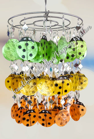 Capiz shell wind chime ladybirds green, yellow & orange  & mirrors 40cm drop  x 25 cm wide approx (#17)