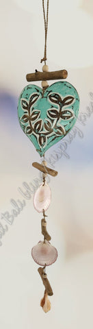 Wood dangler, green hearts & shells approx 10cm x 66cm #0096