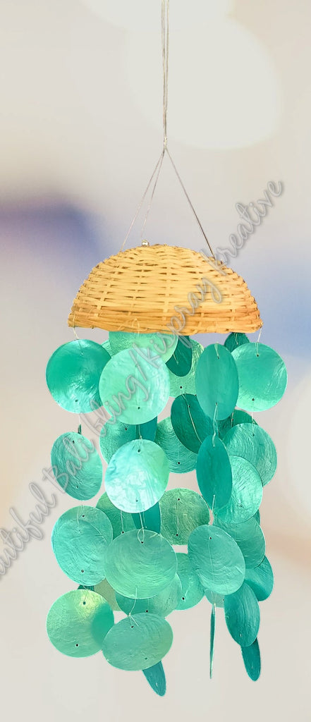 Capiz shell wind chime rattan basket green 50cm drop  x 14cm wide approx #0144