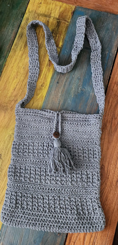 Crochet bag, grey approx  28cm x 25cm. Strap 48cm long Complete length 77cm approx