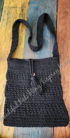 Crochet bag, black approx  28cm x 25cm. Strap 48cm long Complete length 77cm approx