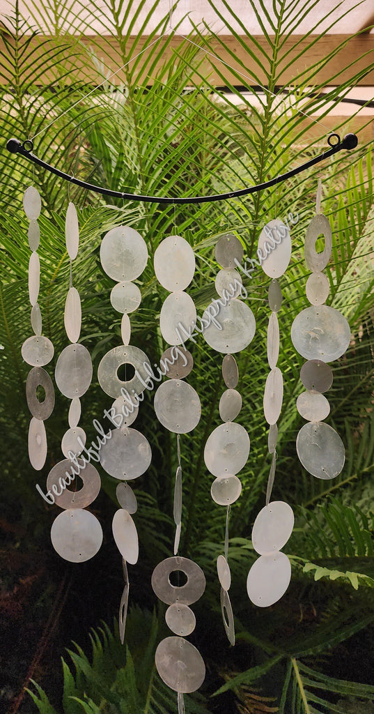 Capiz shell wind chime Metal top white & silver  30cm wide  x 67cm  COMPLETE length approx (#41)