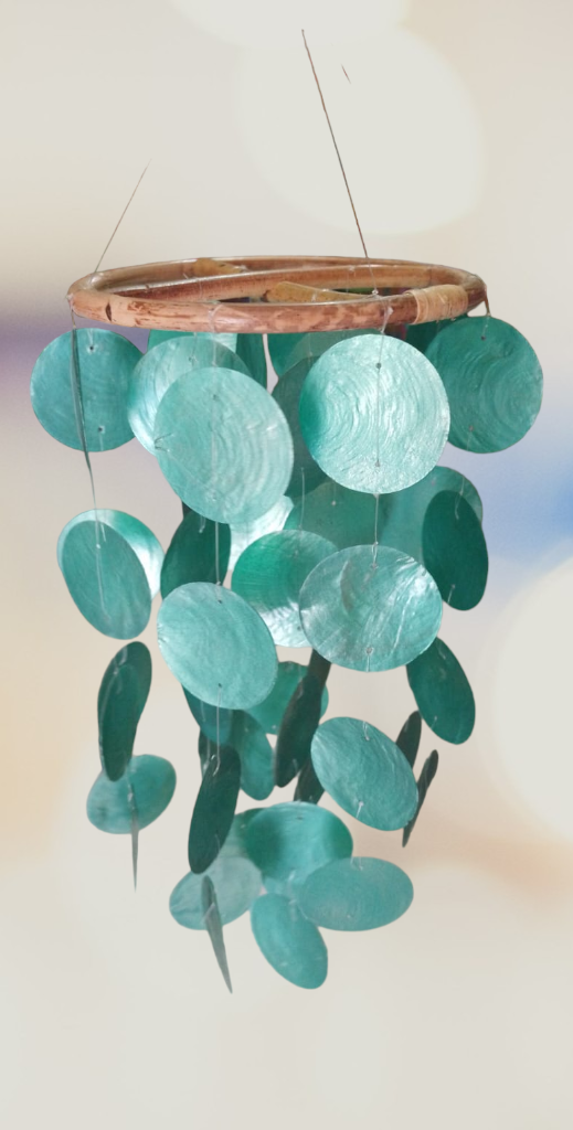 Capiz shell wind chime Green rattan circle cm drop  x cm wide approx