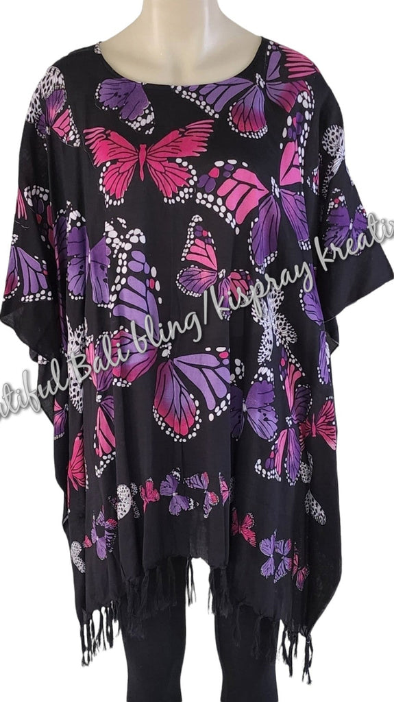 Kaftan, generous sizing, black with pinks  multicoloured butterflies XL Suit to size 20