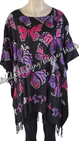 Kaftan, generous sizing, black with pinks  multicoloured butterflies XL Suit to size 20