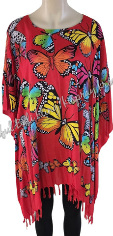 Kaftan, generous sizing, red with  multicoloured butterflies XL Suit to size 20