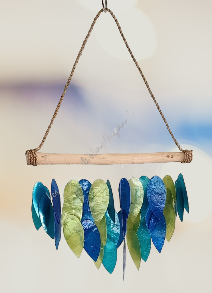 Capiz shell wind chime green blue, 50 cm drop  x 30 cm wide approx