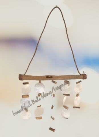 Capiz shell wind chime white driftwood shabby chic  60 cm complete drop including twine  x 30 cm wide approx (#26)