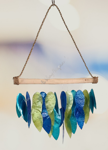 Capiz shell wind chime green blue, 50 cm drop  x 30 cm wide approx (#3)