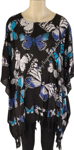 Kaftan, generous sizing, black with blue  multicoloured butterflies XL Suit to size 20