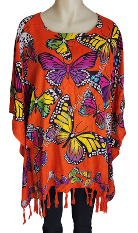 Kaftan, generous sizing, orange with  multicoloured butterflies XL Suit to size 20