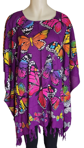 Kaftan, generous sizing, purple with  multicoloured butterflies XL Suit to size 20