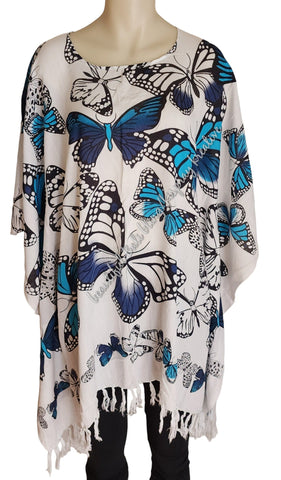 Kaftan, generous sizing, white with  blues butterflies XL Suit to size 20