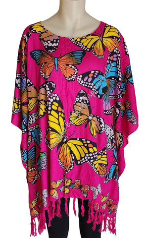 Kaftan, generous sizing, hot pink with  multicoloured butterflies XL Suit to size 20