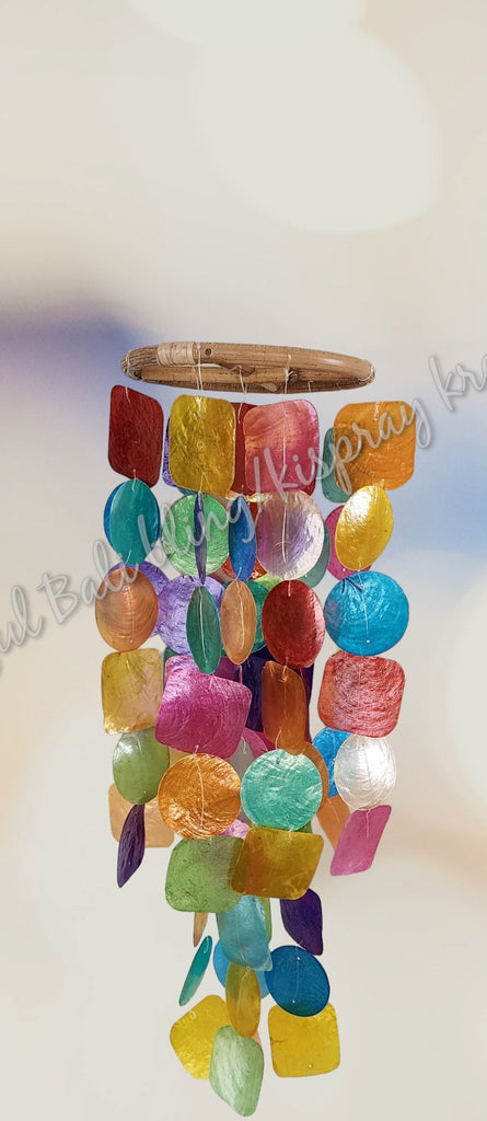 Capiz shell wind chime multicoloured rattan circle   65 cm drop  x 14 cm wide approx (#10)