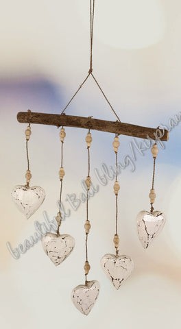 Wood dangler, white hearts approx 37cm wide x 75cm COMPLETE length