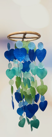 Capiz shell windchimes, blue/greens, approx 14 cm x 65 cm full length (#31)
