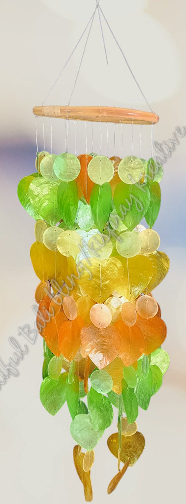 Capiz shell windchimes,rattan top, green,orange, yellow shades approx 14 cm x  63 cm full length #0113