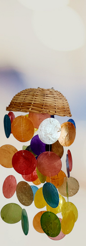 Capiz shell wind chime rattan basket multicoloured circle  50cm drop  x 14cm wide approx (#7)