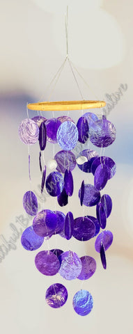 Capiz shell wind chime & seashell purple  59cm drop  x 15cm wide approx (#11)