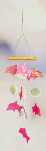 Capiz shell wind chime dolphin  pink & white 45cm drop  x 10cm wide approx (#19)