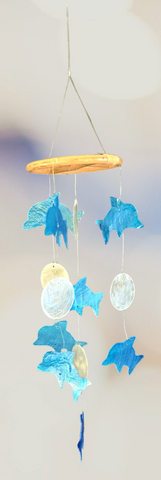 Capiz shell wind chime dolphin  blue & white 45cm drop  x 10cm wide approx (#19)