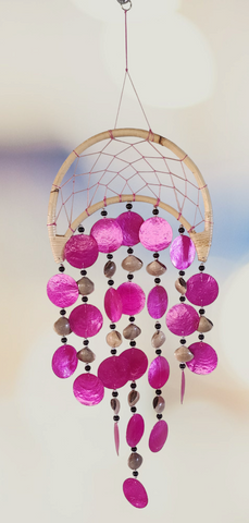 Capiz shell wind chime half moon rattan pink 24cm wide  x 70cm  COMPLETE length approx (#dream)