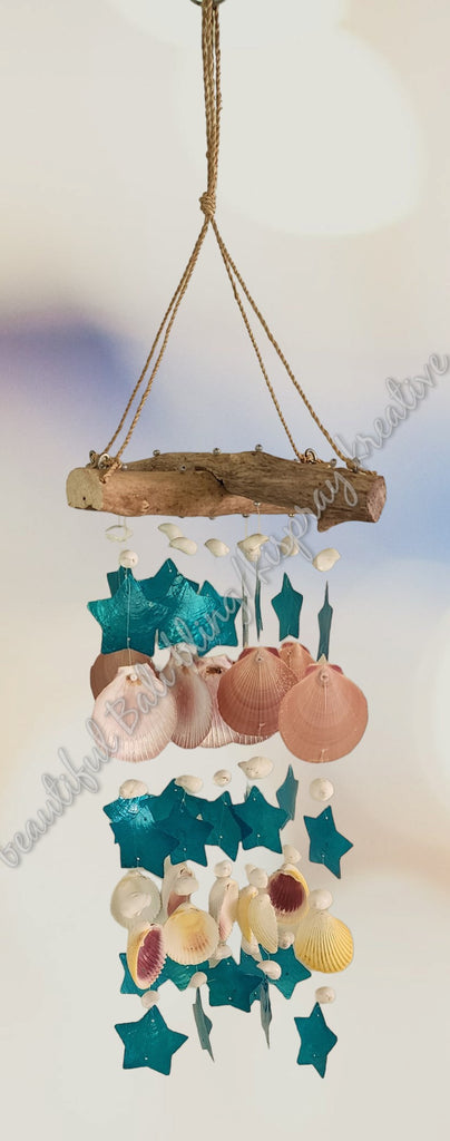 Capiz & sea shell wind chime wooden cross 60 cm COMPLETE drop  x 23 cm wide approx #0049