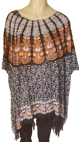 Kaftan, generous black, orange & white mandala 4XL Suit to size 24