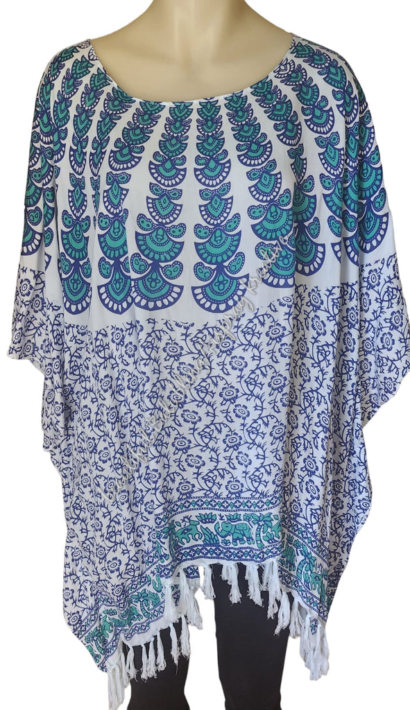 Kaftan, generous blue, green & white mandala 4XL Suit to size 24