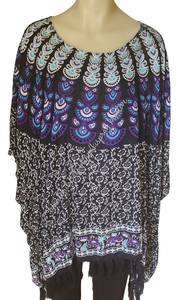 Kaftan, generous black, purple & white mandala 4XL Suit to size 24