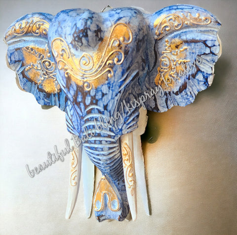 Elephant Head, wooden, blue approx 25 x 25 x 10 cm