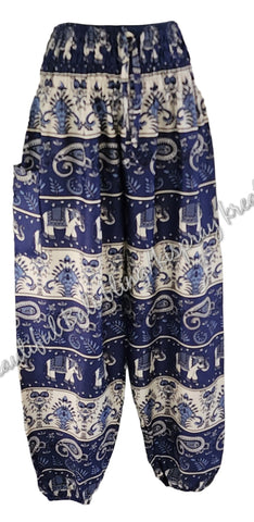 Harem pants Full length BLUE & CREAM ELEPHANTS  M Suit to size 12. clothing