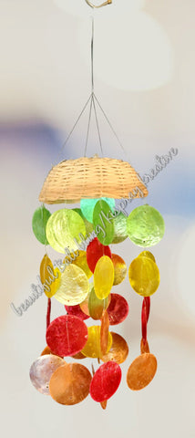 Capiz shell wind chime rattan basket multicoloured circle  50cm drop  x 14cm wide approx #0046