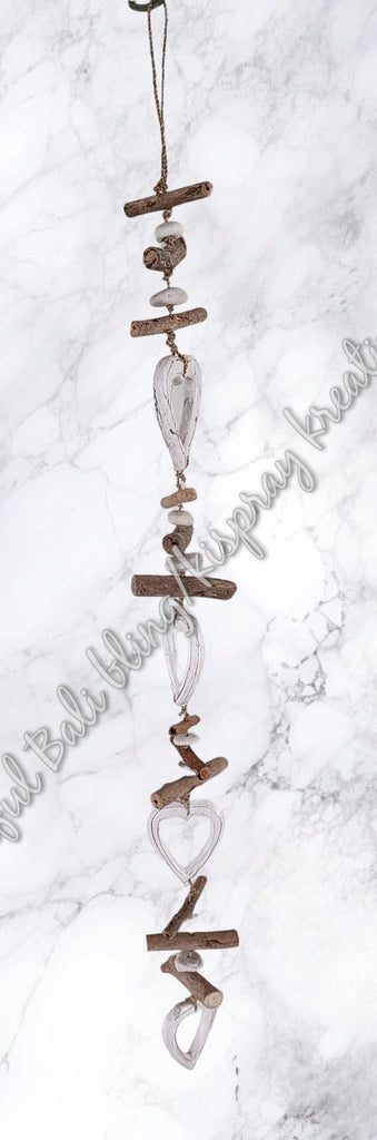 Beachy Hamptons Driftwood Wood Heart  dangler, approx 10cm x 100cm #0084