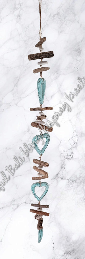 Beachy Hamptons Driftwood Wood Heart  dangler, approx 10cm x 100cm #0083