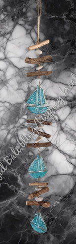 Beachy Hamptons Driftwood Wood Boat  dangler, GREEN approx 10cm x 90cm #0087