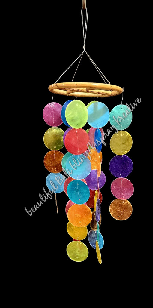 Capiz shell wind chimes rattan circle multicoloured  50cm drop  x  15cm wide approx #0108