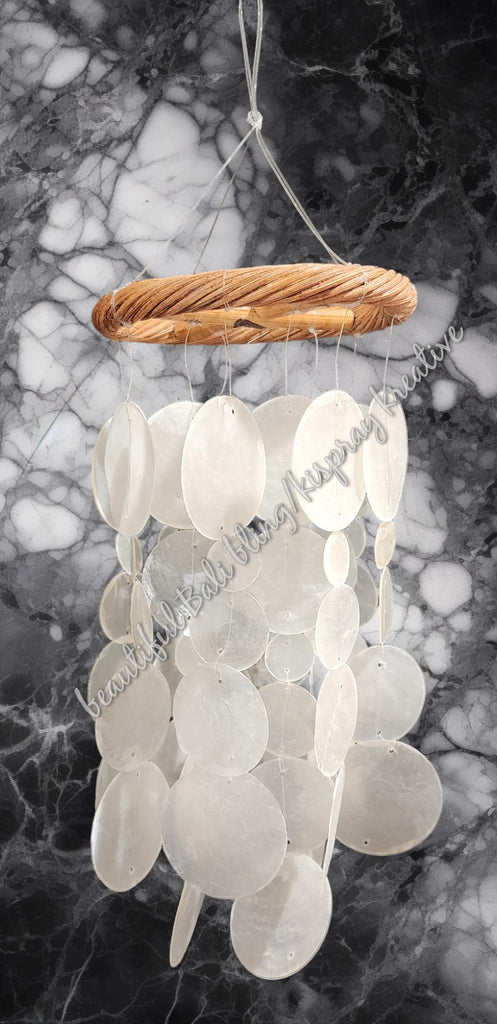 Capiz shell wind chime white  decorative twisted rattan circle 28 cm drop  x 13 cm wide approx #0111