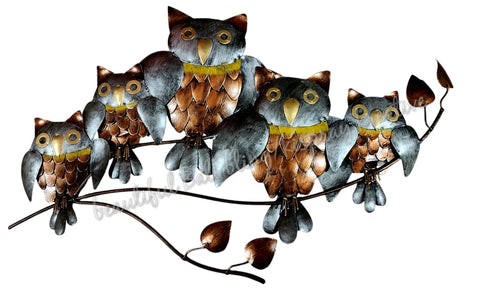 Wall art Owl family of 5 BROWN SILVER measuring  60cm long x  37cm high in full #4