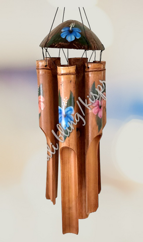 Bamboo windchime flower on plain background chime length 34 - 38cm APPROX complete length  from hook to striker APPROX 110cm