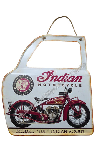 Retro decorative plate DOOR SHAPE INDIAN MOTORCYCLES embossed approx 31 cm x 36 cm