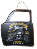 Retro decorative plate DOOR SHAPE CLASSIC MOTORCYCLE embossed approx 31 cm x 36 cm