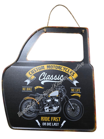Retro decorative plate DOOR SHAPE CLASSIC MOTORCYCLE embossed approx 31 cm x 36 cm