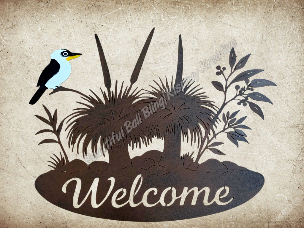 Rustic kookaburra and grass trees welcome sign approx 40 cm x 32 cm