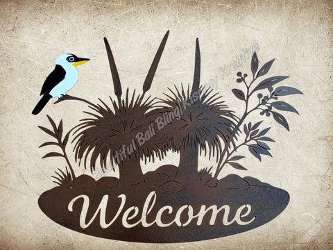 Rustic kookaburra and grass trees welcome sign approx 40 cm x 32 cm