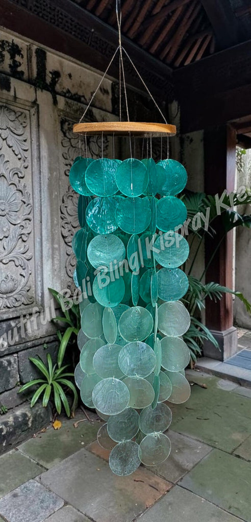 Capiz shell windchimes, greens, approx 14 cm x 60 cm full length #1118