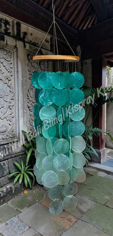 Capiz shell windchimes, greens, approx 14 cm x 60 cm full length #1118