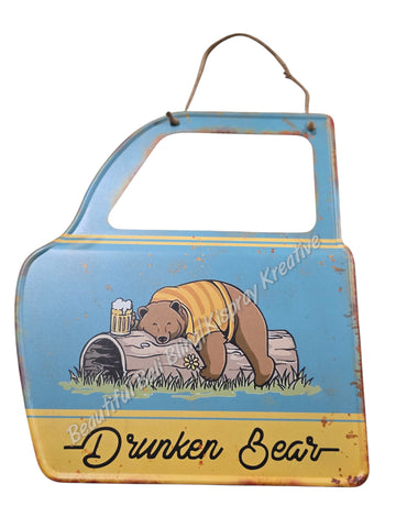 Retro decorative plate DOOR SHAPE DRUNKEN BEAR embossed approx 31 cm x 36 cm